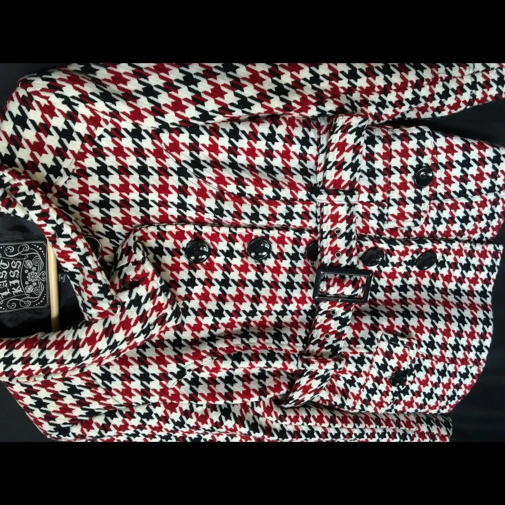 Black red white houndstooth plaid jacket, lots of great details - Picture 2 of 13
